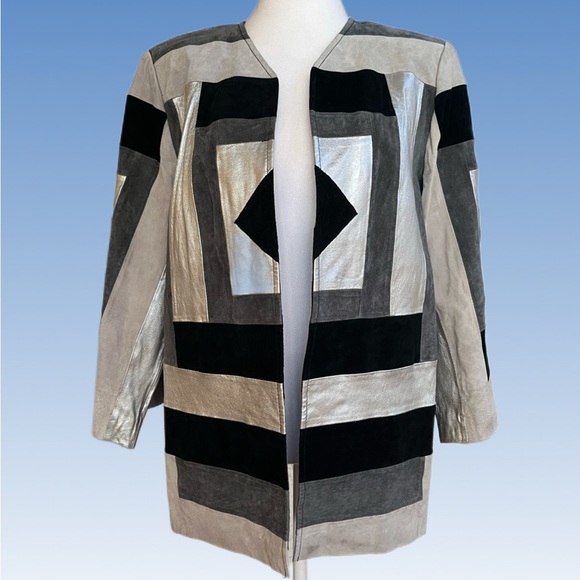 Adrienne Landau Jackets & Blazers - LEATHER Adrienne Landau Silver gray and Black  Geometric Blazer size M